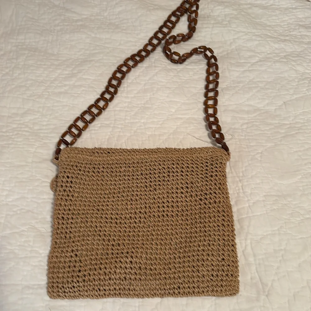 Handcrafted Tan Crochet Shoulder Bag with‎ Beaded Strap